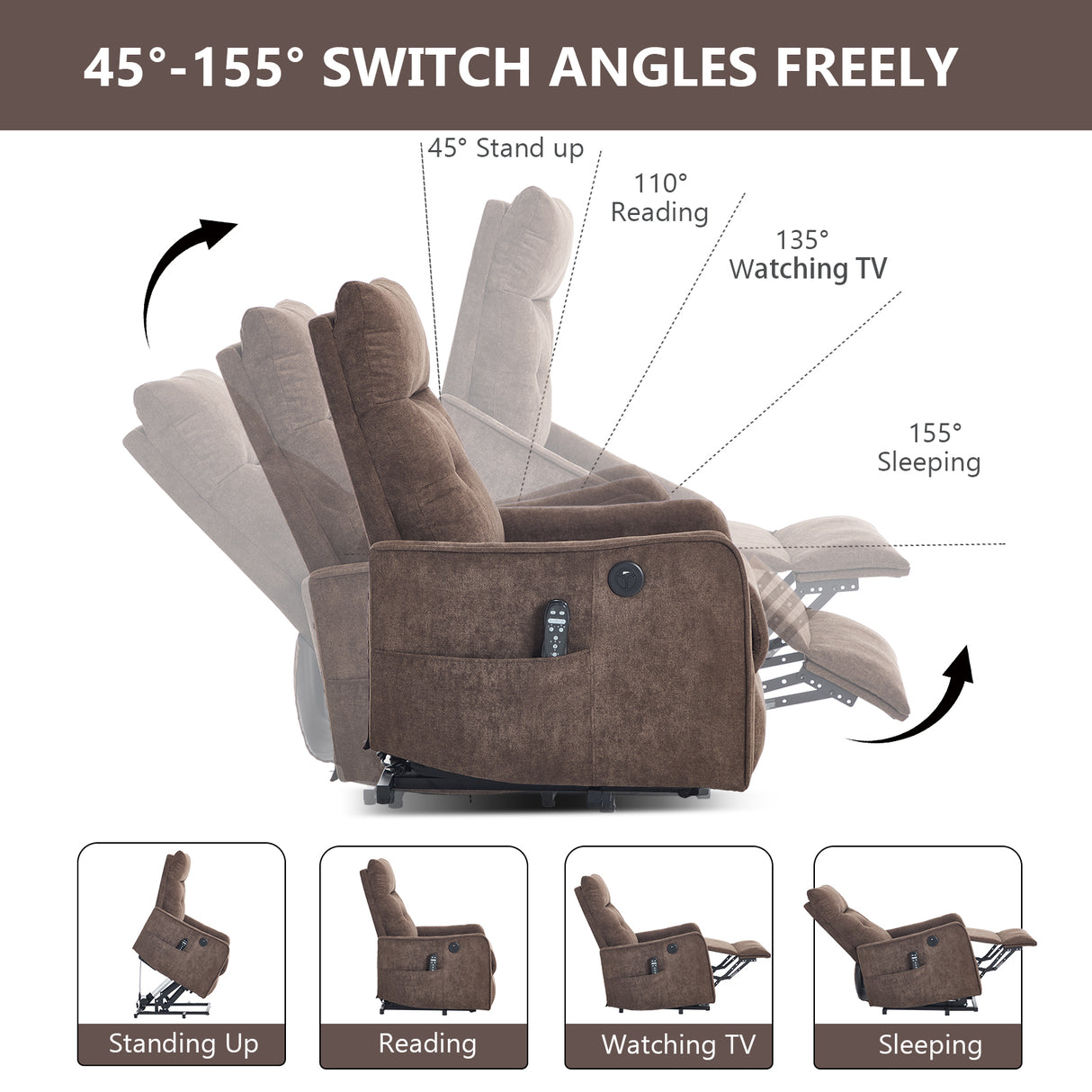 Brown Chenille Single Motor Power Lift Recliner Chair