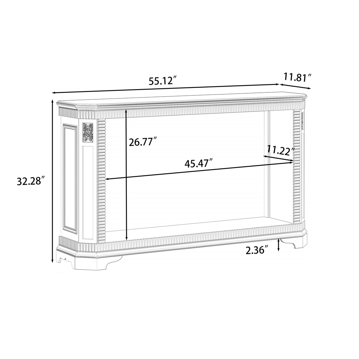 55-Inch Retro Carved Console Table, 2-Tier Open Storage, Champagne Silver