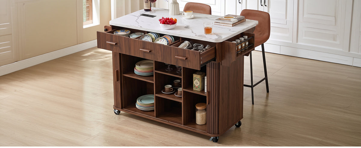 K&K 53.6" Kitchen Island with Drop Leaf, Rolling Cart, Power Outlet, Walnut Brown