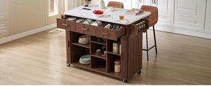 K&K 53.6" Kitchen Island with Drop Leaf, Rolling Cart, Power Outlet, Walnut Brown