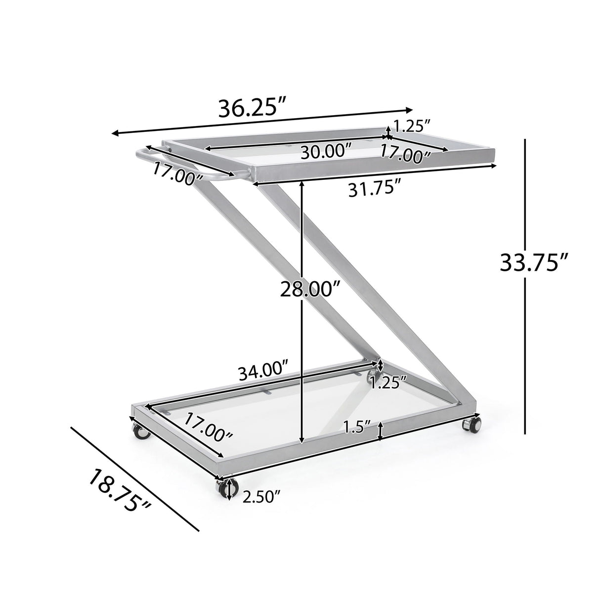 Modern Z Shaped Bar Cart With Tempered Glass Shelves - Silver - Best Buy Furniture