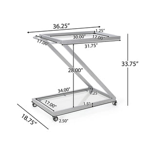 Modern Z Shaped Bar Cart With Tempered Glass Shelves - Silver - Best Buy Furniture