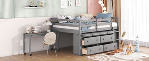 Loft Bed With Retractable Writing Desk And 4 Drawers, With Lateral Portable Desk And Shelves