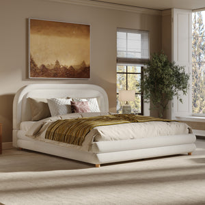 Queen Size Bed Frame With Boucle Upholstered Thick Curved Headboard, Solid Wood Legs