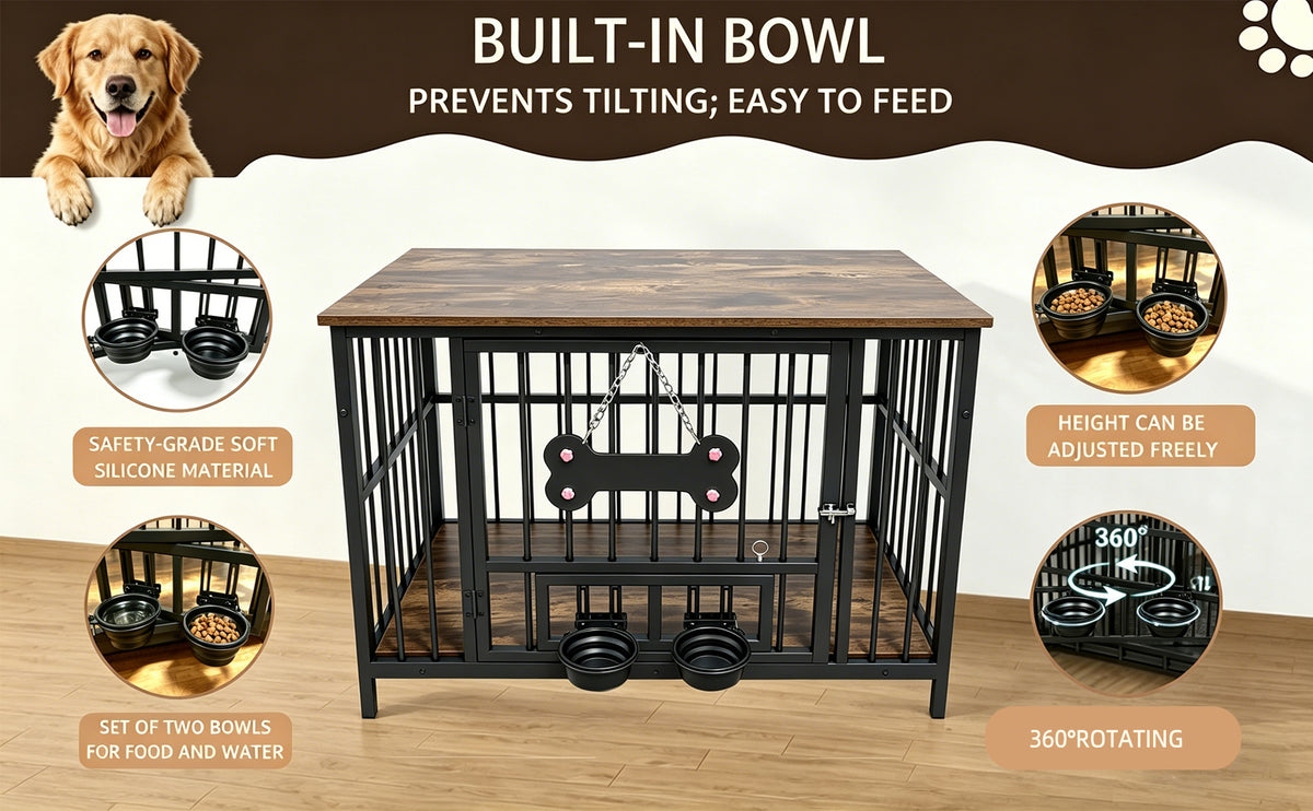Vintage Wood Grain Dog Cage with Rotating Bowl