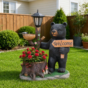 Decorative Standing Black Bear Garden Planter with Solar-Powered Lantern