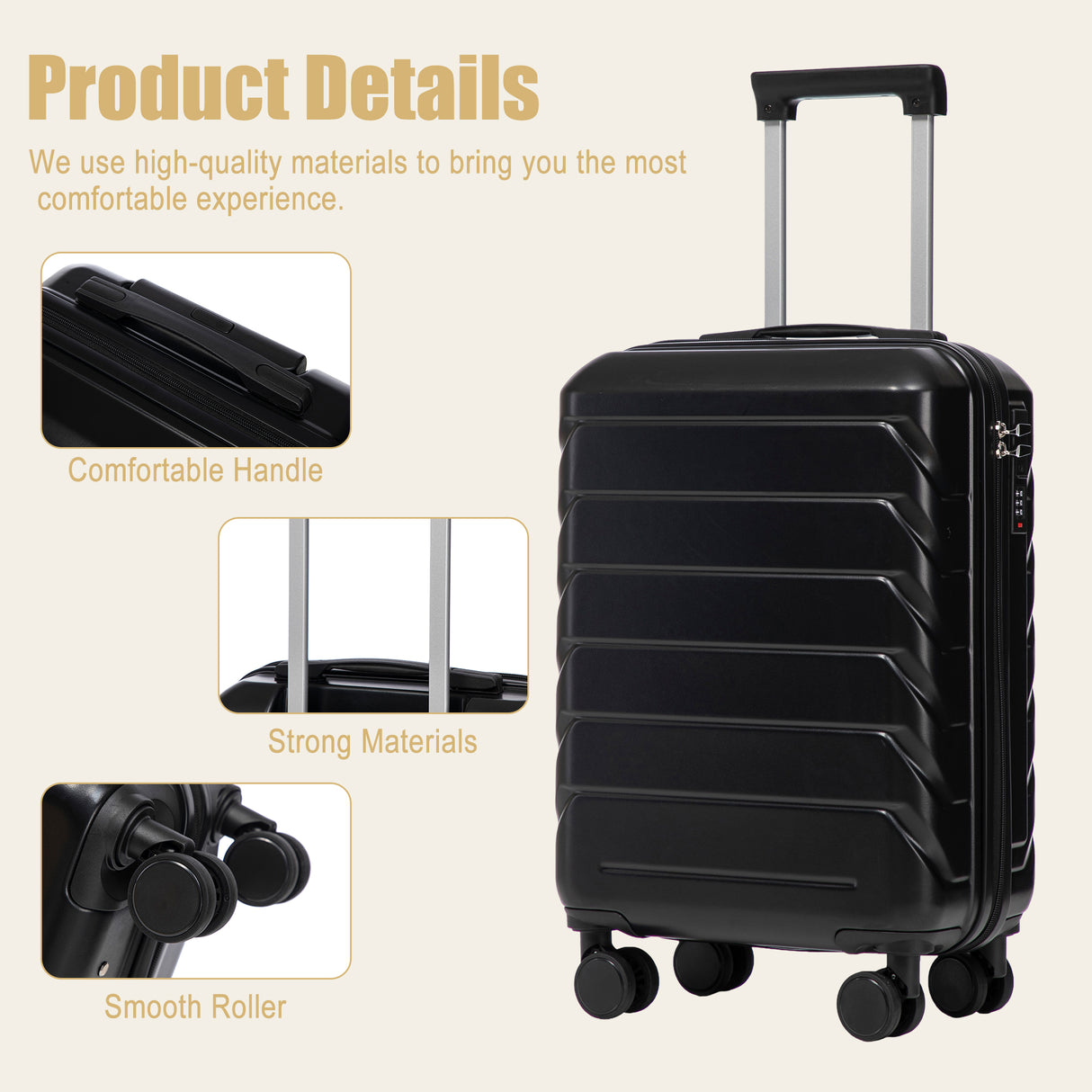 20 Inch ABS Hard Shell Travel Checked Luggage - Black