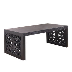 47.2" Solid Black Carved Wood Coffee Table – Handcrafted Look with Ornate Side Panels