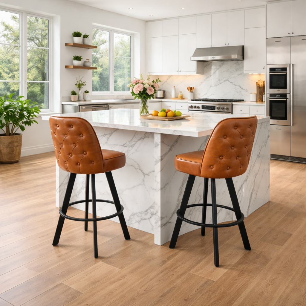 Set of 2 Commercial Grade Swivel Button-Tufted Back Bar Stools