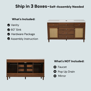 60-Inch Bathroom Vanity with SMC Sink, Brown Solid Wood and MDF, Soft-Close Drawers