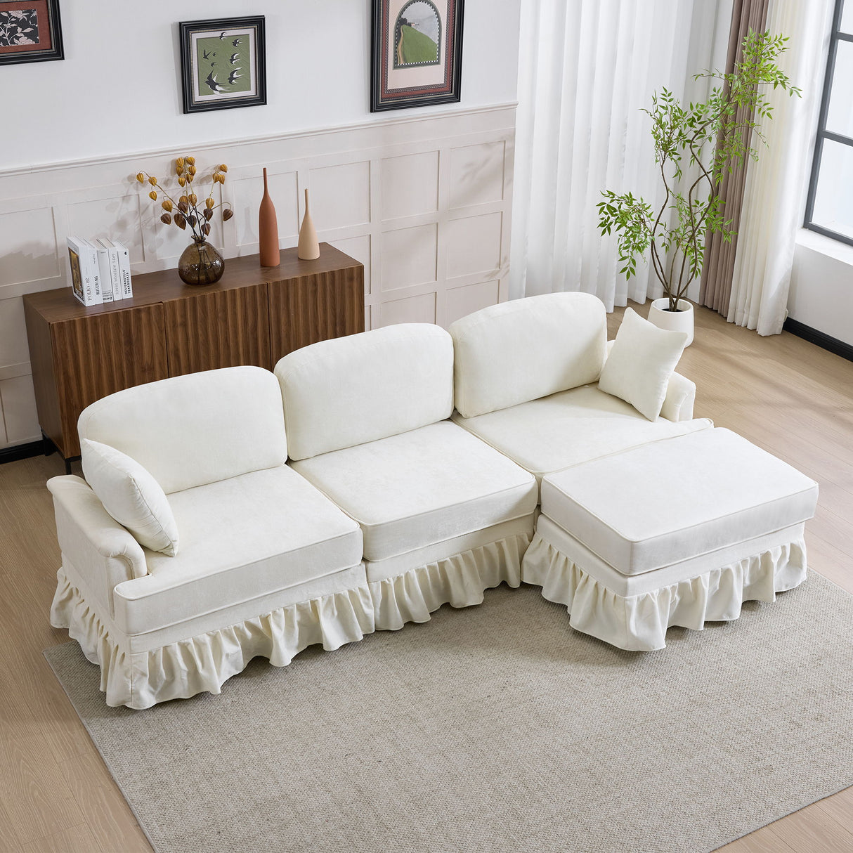 L-Shaped Sectional Sofa With Removable Ruffled Skirt, Flared Arms, Ottoman - White