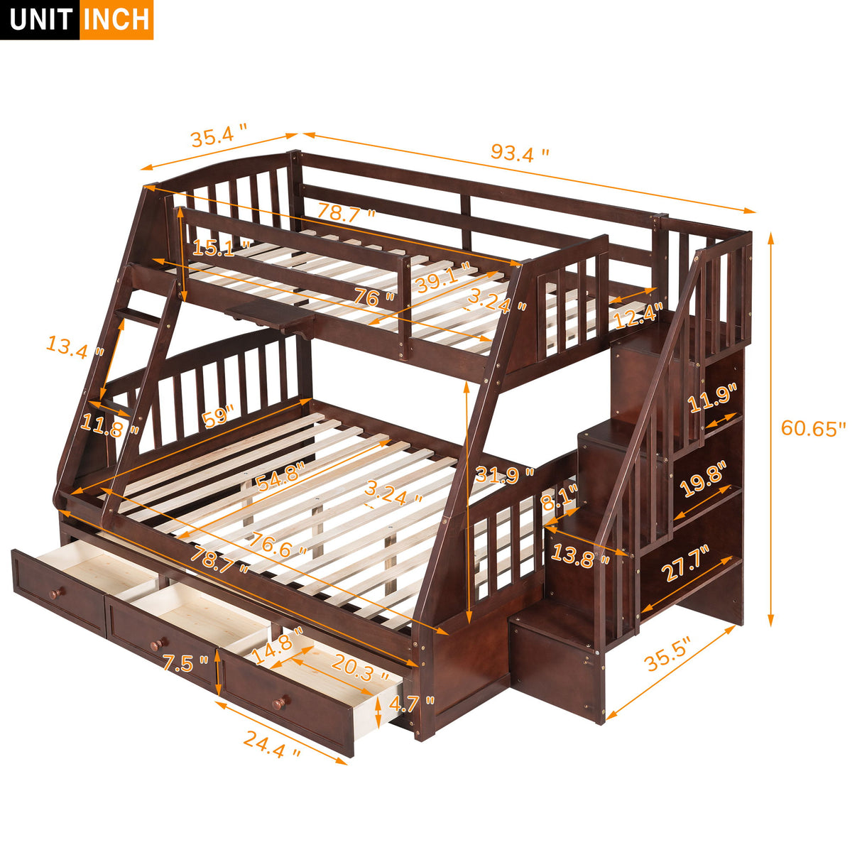 Bunk Bed With Drawers, Ladder And Storage Staircase