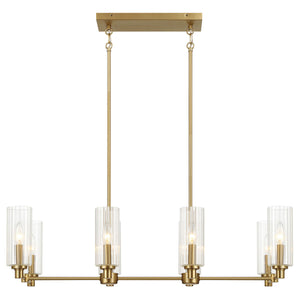 Willow - 8 Lights Island With Clear Ribbed Pendant Lamp Satin - Antique Brass / Clear / Gold