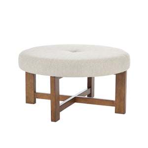 Beige Fabric Round Ottoman with Solid Wood Cross Base
