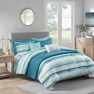 8 Piece Printed Seersucker Comforter and Quilt Set Collection Aqua Full/Queen