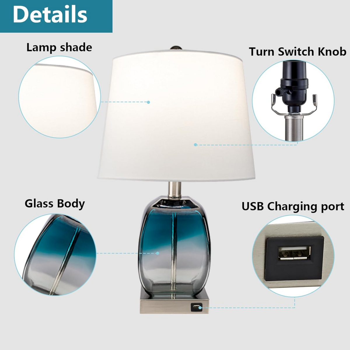 Coastal Glass Table Lamp 20.5-Inch 3-Way Dimmable with USB, Set of 2, Blue