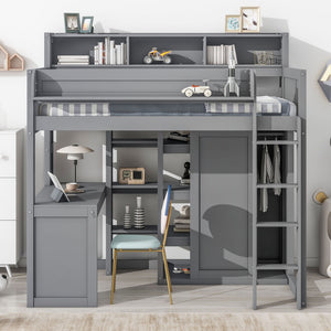 Loft Bed With Built In Desk, Storage Shelves, And Wardrobe