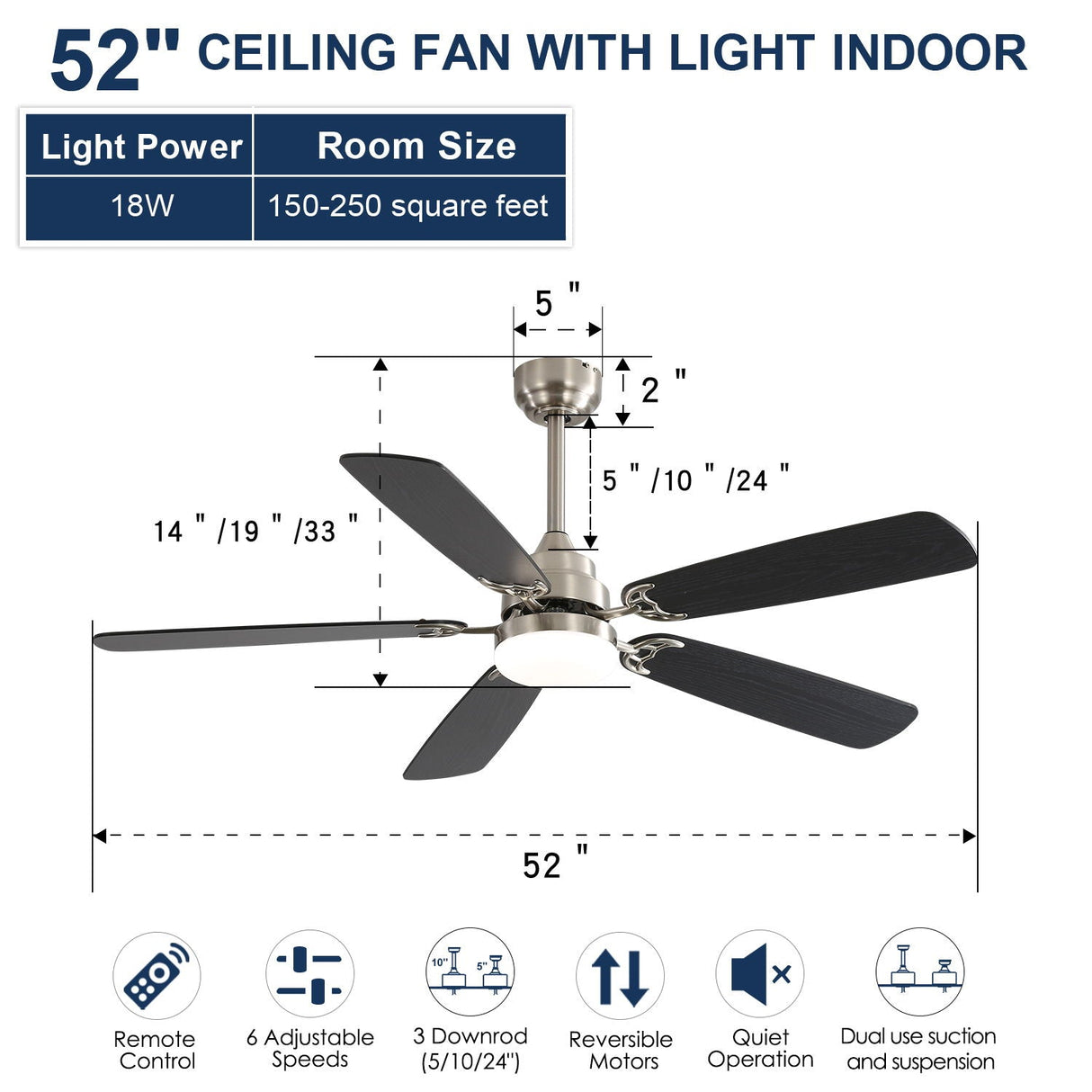 Ceiling Fan With LED Light, 6-Speed Wind, 5 Blades, Remote Control DC Motor