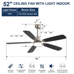 Ceiling Fan With LED Light, 6-Speed Wind, 5 Blades, Remote Control DC Motor