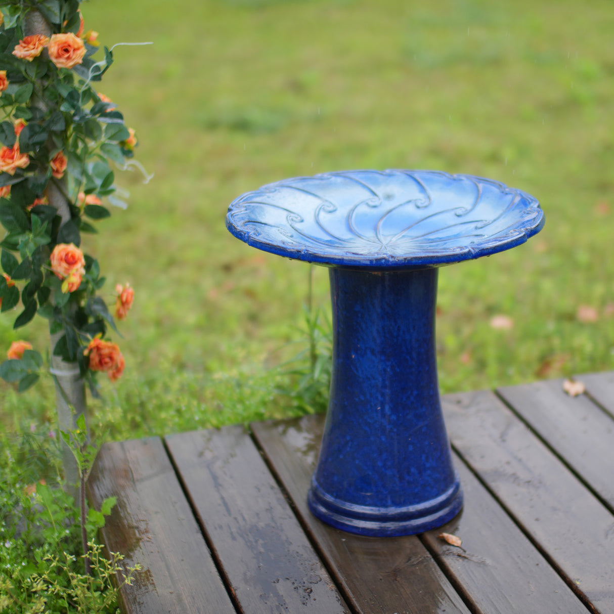 Handmade Glazed Ceramic Bird Bath, Sapphire
