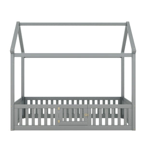 Wood House Bed With Fence And Door