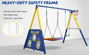 5-in-1 Kids Swing Set with Saucer Swing, Belt Swing, Basketball Hoop & Soccer Goal