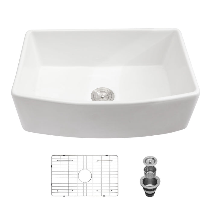 Ceramic Farmhouse Sink Apron Front Single Bowl with Arch Edge - White