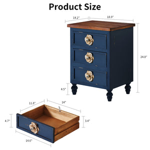 Vintage Farmhouse Nightstand with Floral Knobs, 3 Drawers, Antique Blue