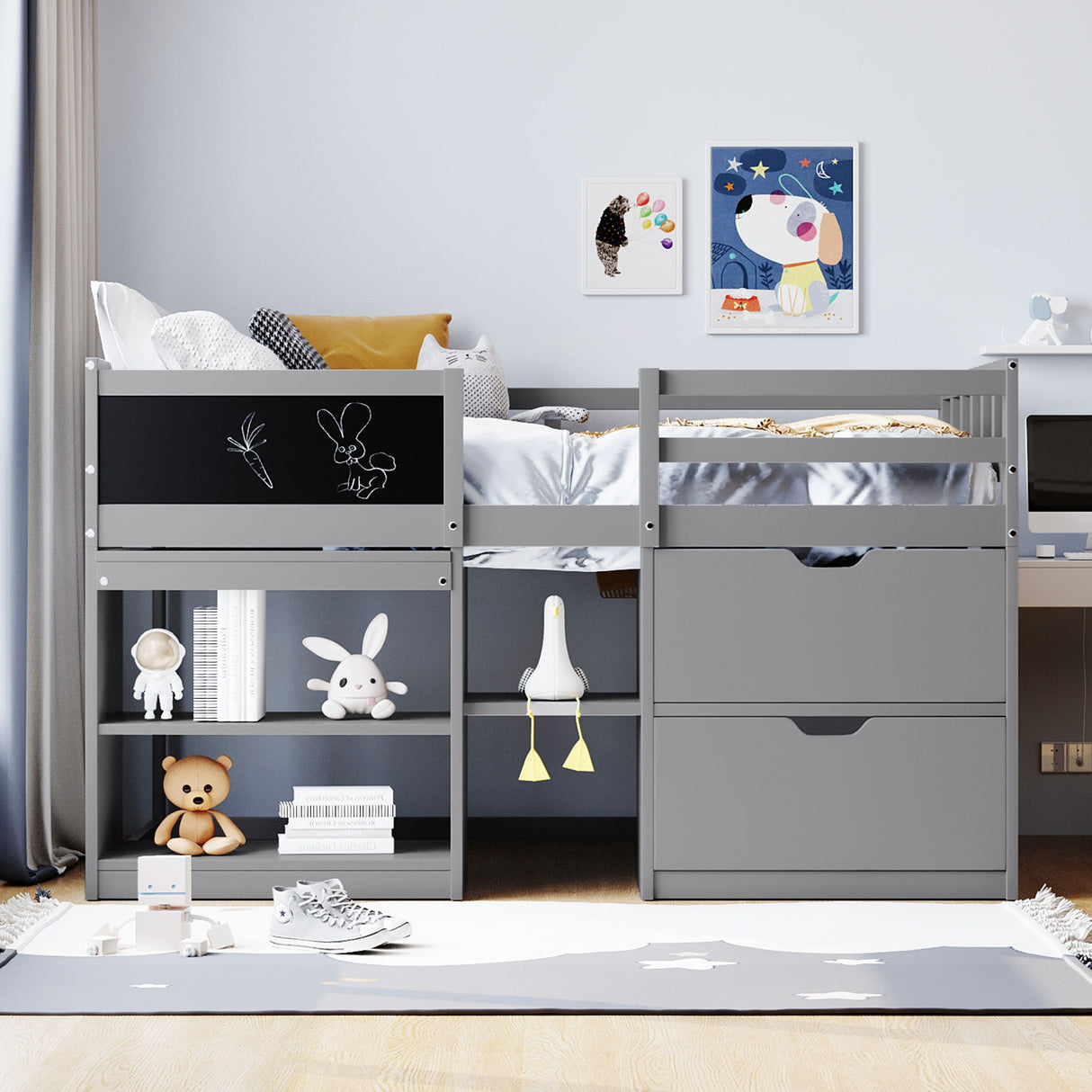 Low Loft Bed With Rolling Desk, Shelf And Drawers