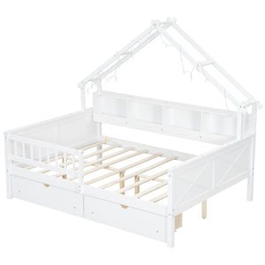 House Style Platform Bed With LED Lights, Storage Shelves, Drawers, And Guardrail