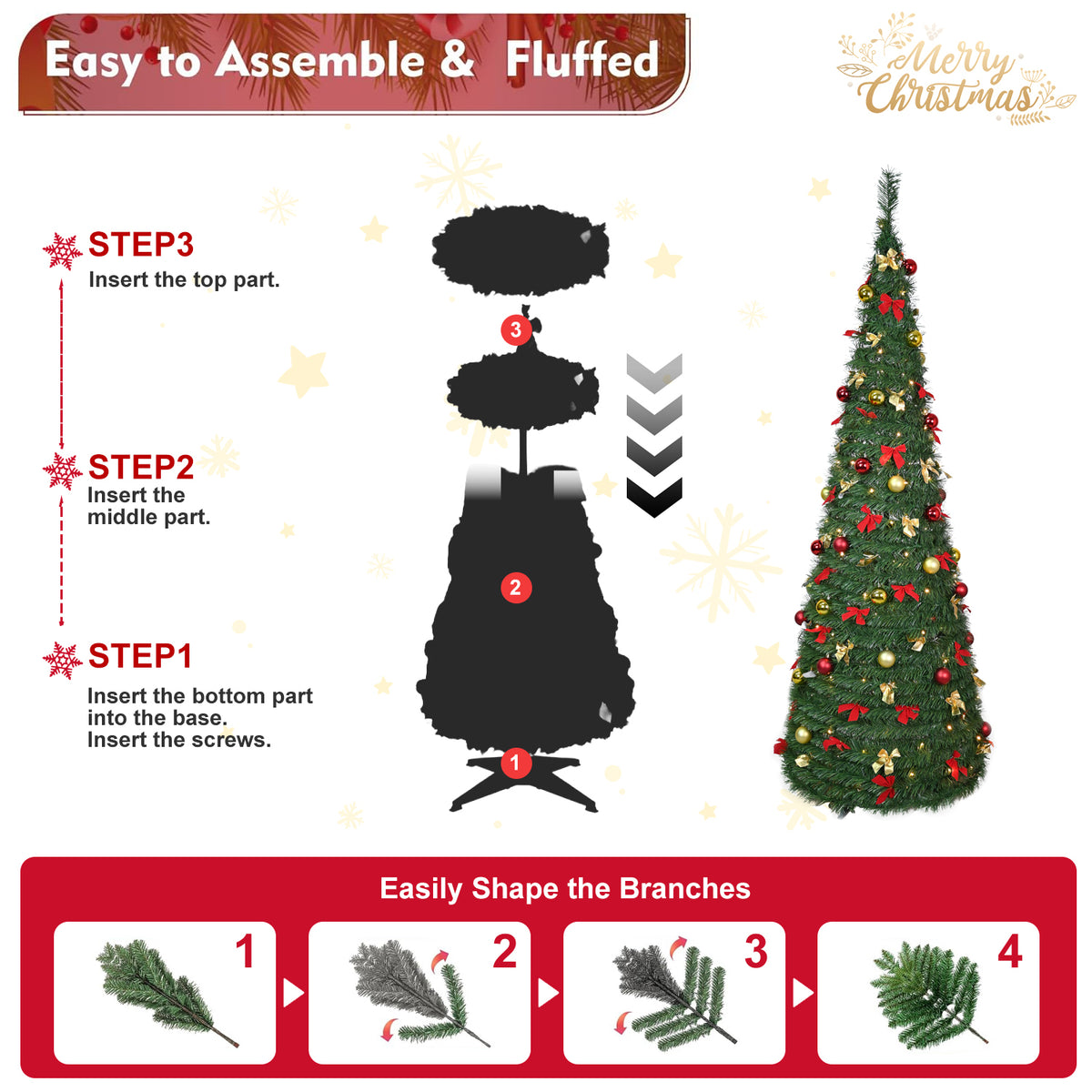 7FT Pop Up Christmas Tree, Pre-Decorated Artificial Tree