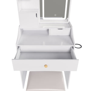 3 Color LED Vanity Mirror With Stool, Dressing Table For Bedroom, 2 Drawers & 5 Storage Cabinets (4 Open + 1 Hidden), Adjustable Lighting - White