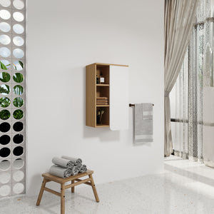 Wall Mounted Bathroom Side Cabinet, Single Door With 3 Tier Open Shelves - Black / Light Oak / White