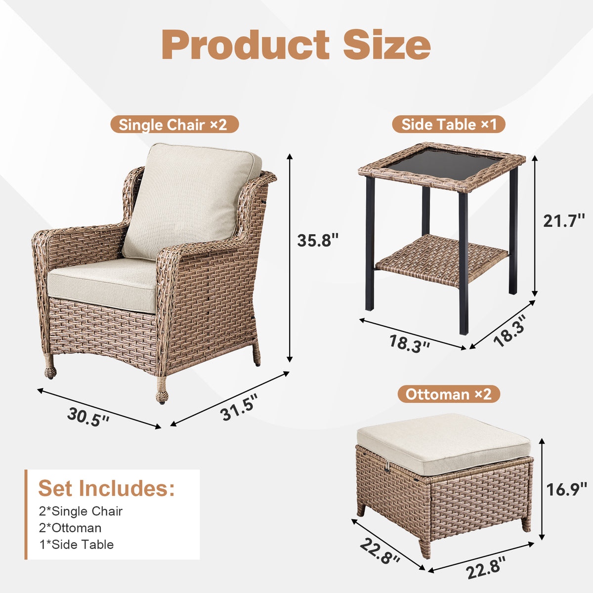 5-Piece Outdoor Lounge Chairs Set with Side Table and Ottomans