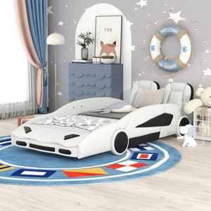 Race Car Shaped Twin Platform Bed With Wheels, Pine Wood Construction
