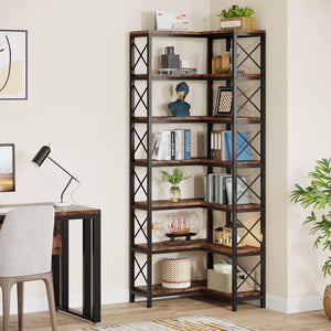 7 Tier Corner Bookshelf, Storage Unit For Living Room