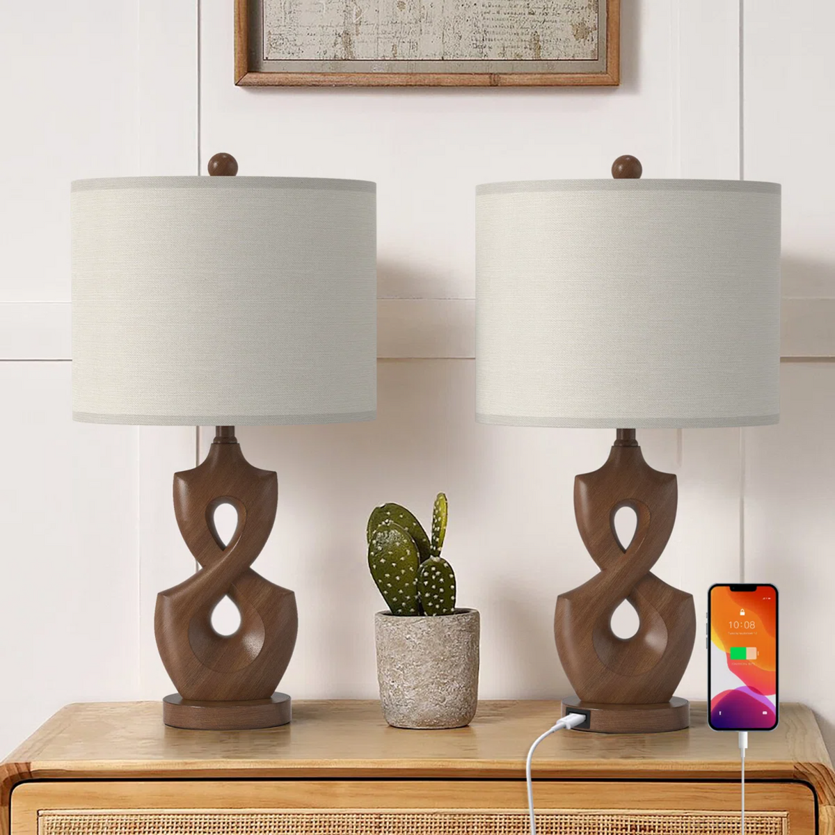Resin Dimmable Table Lamp Pair with USB Ports, 24.5-Inch, Antique Natural