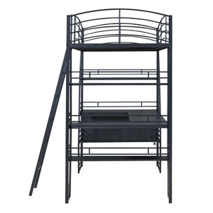 Loft Bed With 4 Layers Of Shelves And L-Shaped Desk, Stylish Metal Frame Bed With A Set Of Sockets, USB Ports And And Wireless Charging