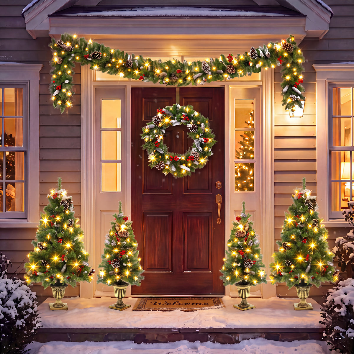 6-Piece Christmas Tree Set – 4 Trees with Sturdy Bases, 1 Pre-Lit Wreath, 1 Garland, Warm