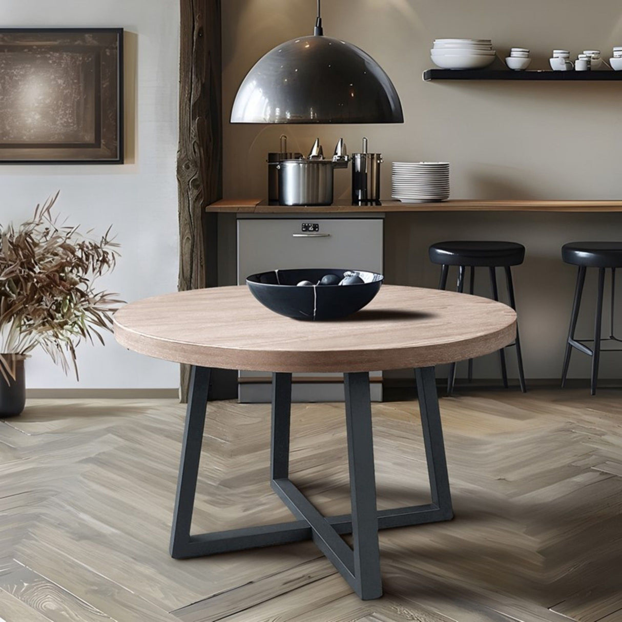 Round Dining Table With Wire Brushed Mindi Top And Mahogany Base - Wheat
