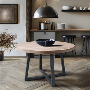 Round Dining Table With Wire Brushed Mindi Top And Mahogany Base - Wheat