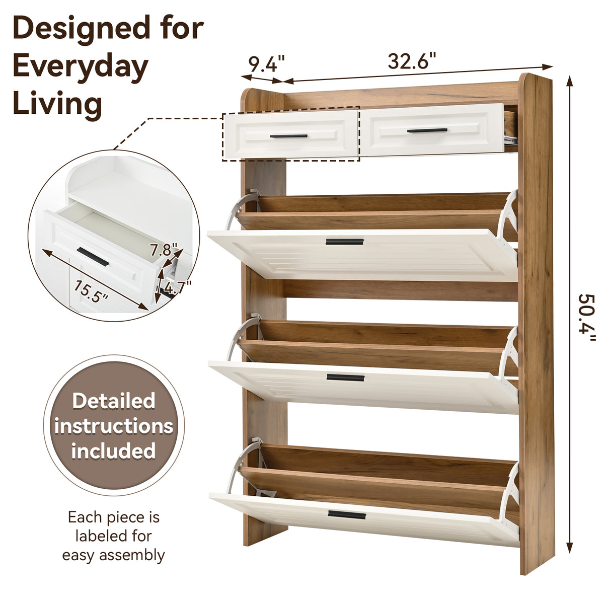 Shoe Cabinet with 3 Hidden Flip Drawers & 2 Storage Drawers