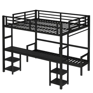 Queen Over Twin XL Metal Bunk Bed with Desk and Shelves