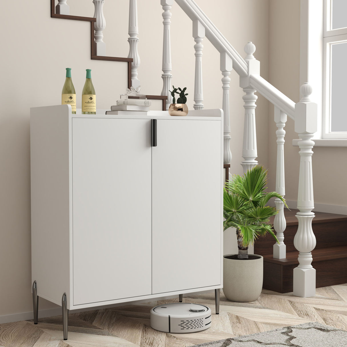 2 Door Wine Bar Cabinet With Adjustable Shelf, Soft-Closing Hinges, And High Feet - White