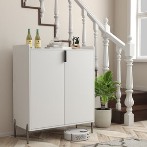 2 Door Wine Bar Cabinet With Adjustable Shelf, Soft-Closing Hinges, And High Feet - White