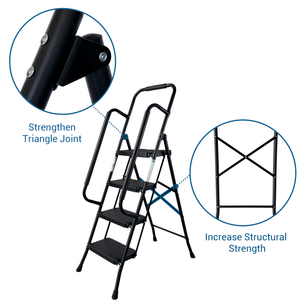 4 Step Folding Steel Ladder with Anti-Slip Pedals and Handrail