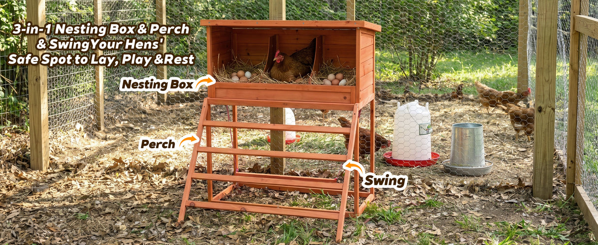 3-in-1 Nesting Boxes for Chickens with Perch and Swing