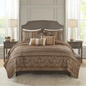 6 Piece Jacquard Quilt Set with Throw Pillows – Brown/Gold King/Cal King