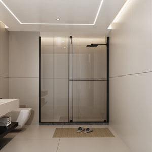 Glass Shower Door, Shower Sliding Door Walk In Shower Screen Dual Usage, 1 / 4" Thick Glass Panel With Stainless Steel Handle, Supporting Bar - Black
