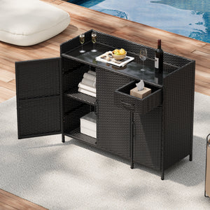 K&K 47.5"W Wicker Outdoor Storage Cabinet with Tempered Glass Top